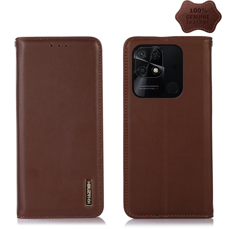Brown genuine leather phone case with stitched edges and camera cutout, card slot holes