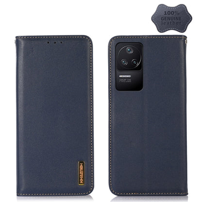 Navy leather flip phone case with triple-lens camera opening and stitching