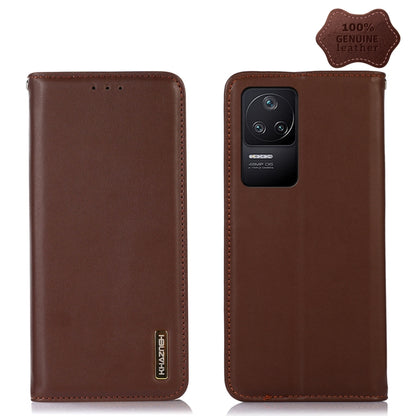 Brown genuine leather phone case with camera cutout and stitched border, card slot holes