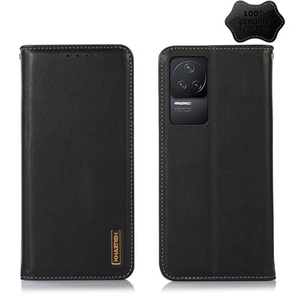 Black leather phone case with folio cover and camera cutout, tan stitching along the rim