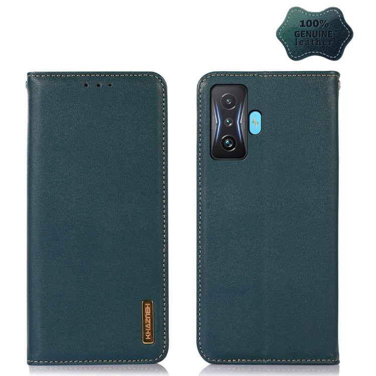 KHAZNEH green leather phone case with camera cutout, stitched seams, and genuine leather badge