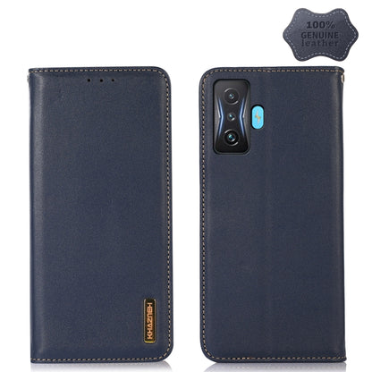 Navy leather flip phone case with side camera cutout and stitched trim