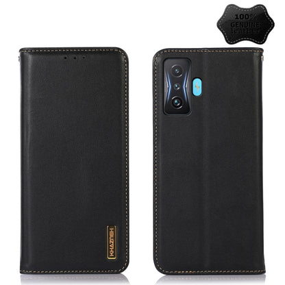 Black leather phone case with folio cover and camera cutout, tan edge stitching detail