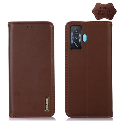 Dark brown genuine leather phone case with camera cutout and stitched edges, card slot holes