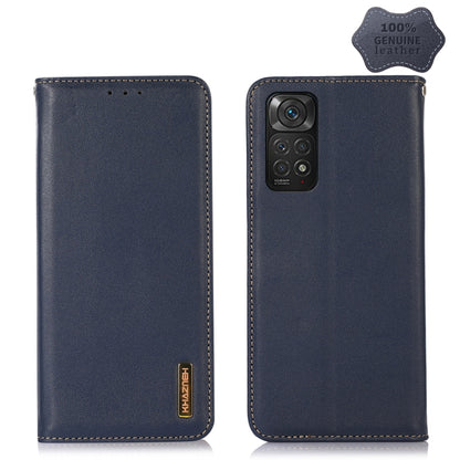Navy leather flip phone case with rear quad-camera cutout and stitching