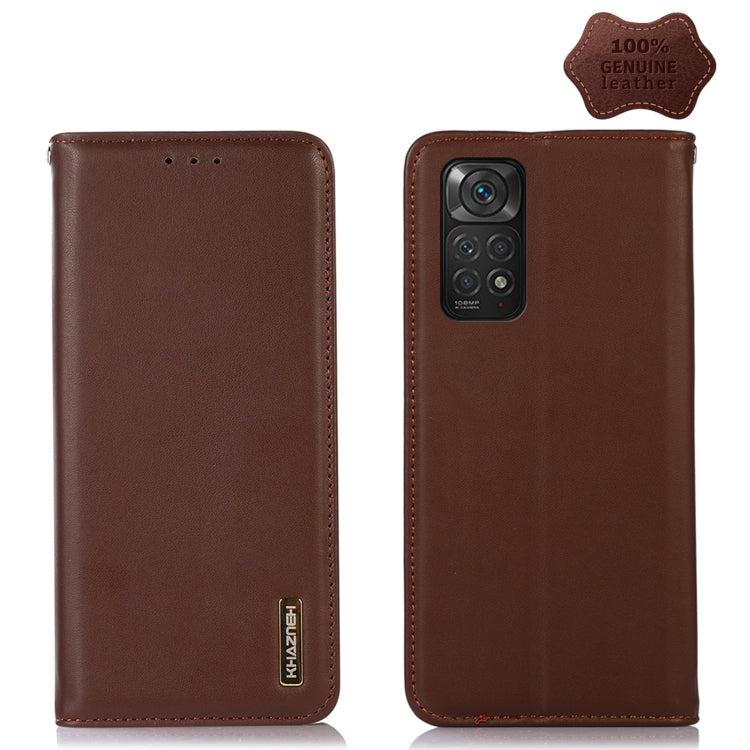 Brown genuine leather phone case with camera cutout and stitched border, card slot holes