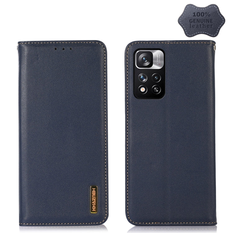 Dark blue leather phone case with folio cover, card slots, and camera cutout with stitching