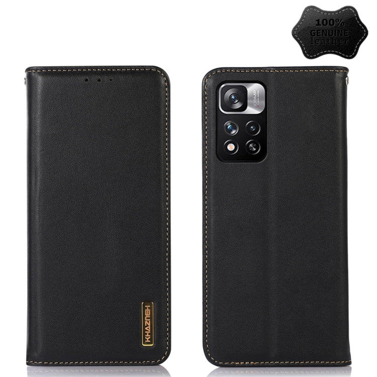 Black leather phone case with folio cover and dual-camera cutout, tan stitched trim