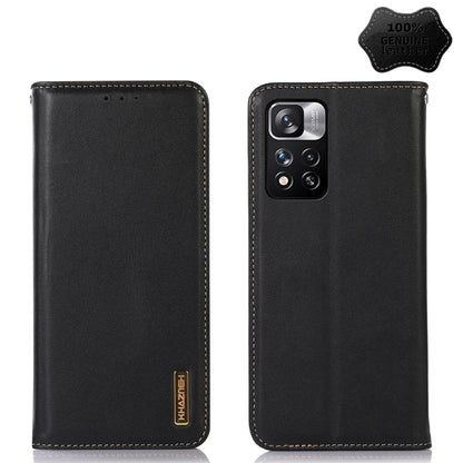 Black leather phone case with folio cover and dual-camera cutout, tan stitched trim