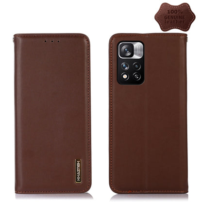 Dark brown genuine leather phone case with camera cutout and stitched trim, card slot holes