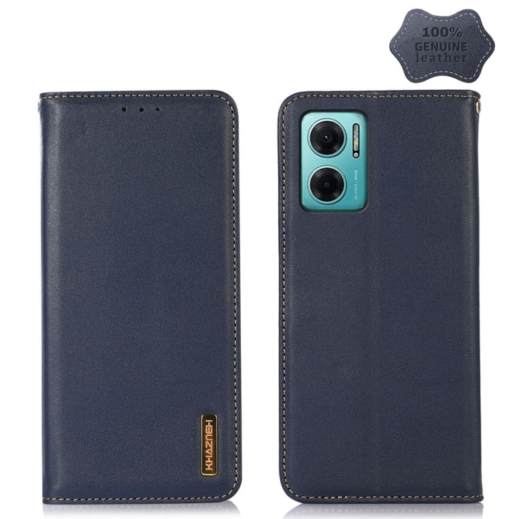 Dark blue leather phone case with folio cover and side camera cutout, visible edge stitching