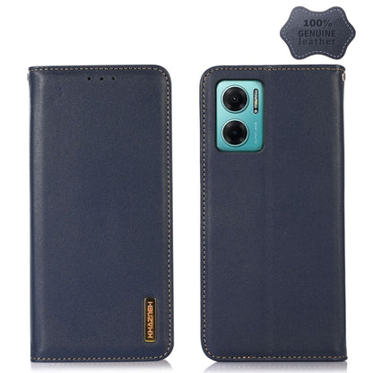 Dark blue leather phone case with folio cover and side camera cutout, visible edge stitching