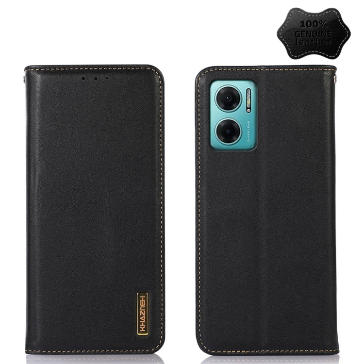 Black genuine leather phone case with stitched edges and camera cutout, card slot holes