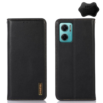 Black genuine leather phone case with stitched edges and camera cutout, card slot holes
