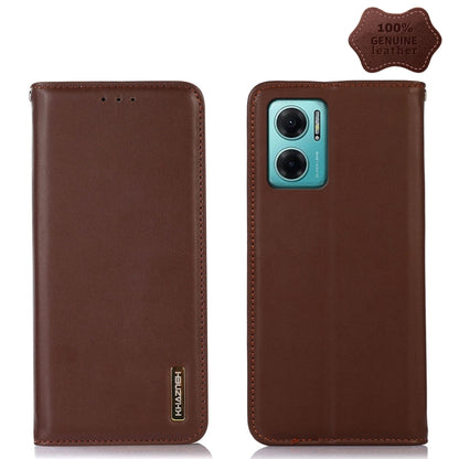 Brown genuine leather phone case with camera cutout and stitched edges, card slot holes