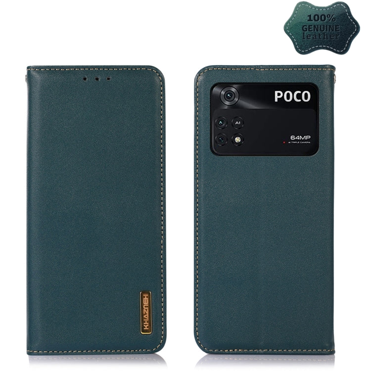 Teal leather flip phone case with POCO branding and camera lens cutout