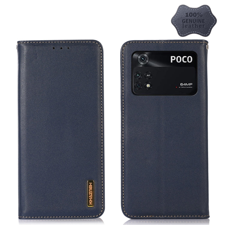 Dark blue leather phone case with folio cover, camera cutout, and reinforced stitched border