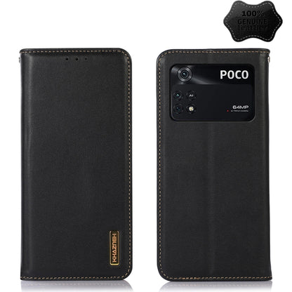 Black genuine leather phone case with camera cutout and stitched border, card slot holes