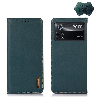 Teal leather flip phone case with POCO text and quad-camera cutout
