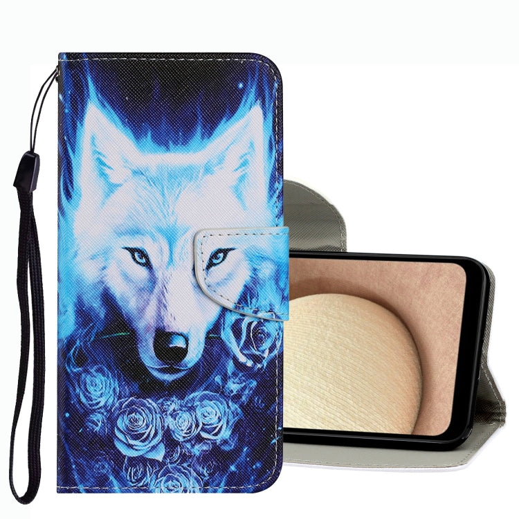Leather phone case with wrist strap, blue wolf and rose pattern, flip cover