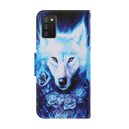 Leather phone case with flip cover, blue wolf with roses print