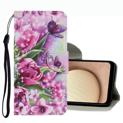 Leather phone case with wrist strap, pink floral and butterfly pattern, flip cover
