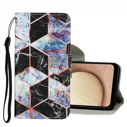 Leather phone case with wrist strap, multicolor geometric marble grid pattern, flip cover