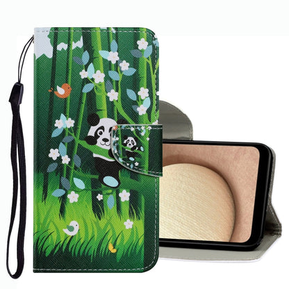 Leather phone case with green bamboo garden and panda drawing, wrist strap, flip cover.