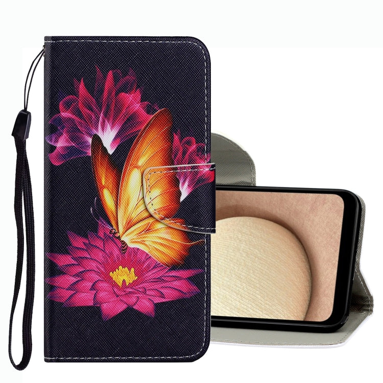 Leather phone case with colorful flower drawing, wrist strap, flip cover.