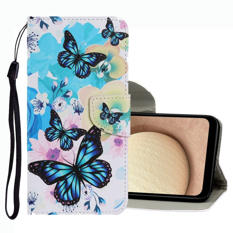 Leather phone case with blue butterfly collage print and wrist strap