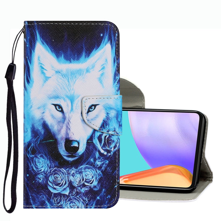 Leather folio phone case with blue wolf illustration, wrist strap, flip cover.