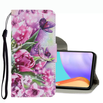 Leather folio phone case with pink floral butterfly design, wrist strap, flip cover.