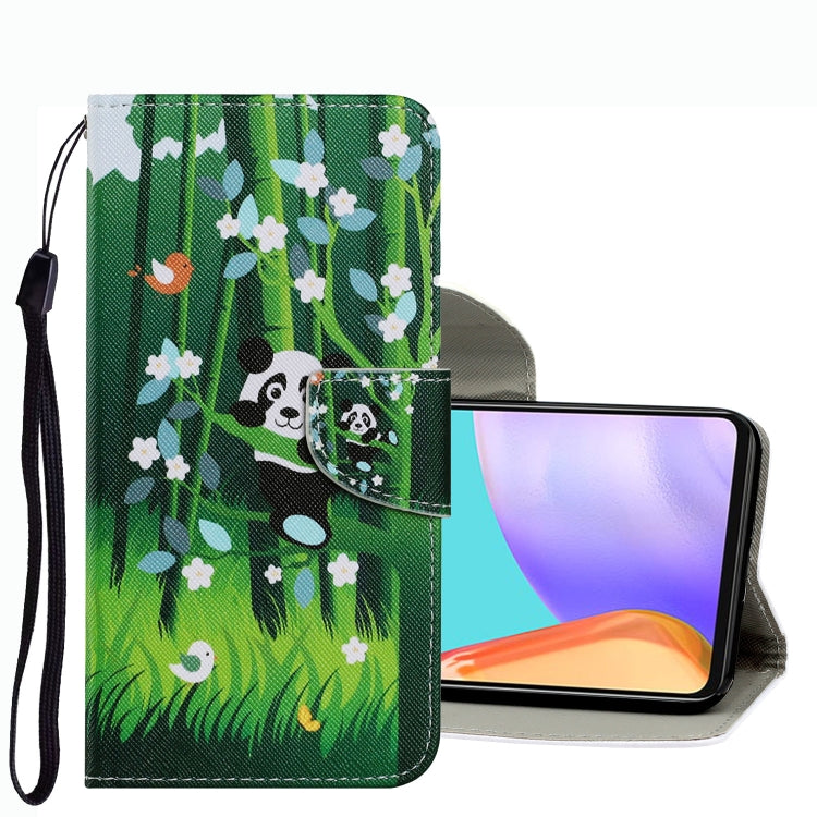 Leather folio phone case with green bamboo panda print, wrist strap, flip cover.