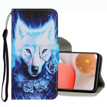 Leather phone case with blue wolf face pattern and side wallet card slot