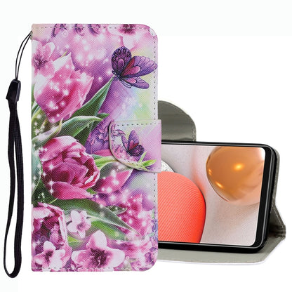 Leather phone case with purple floral and butterfly pattern and side wallet card slot