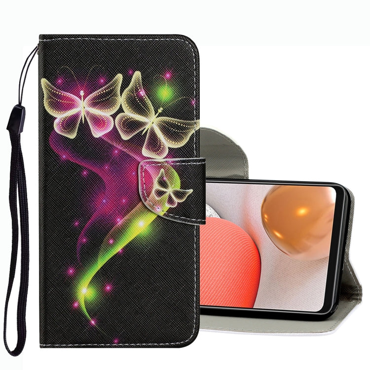 Black leather wallet phone case with glowing multicolor butterflies, flip cover and strap