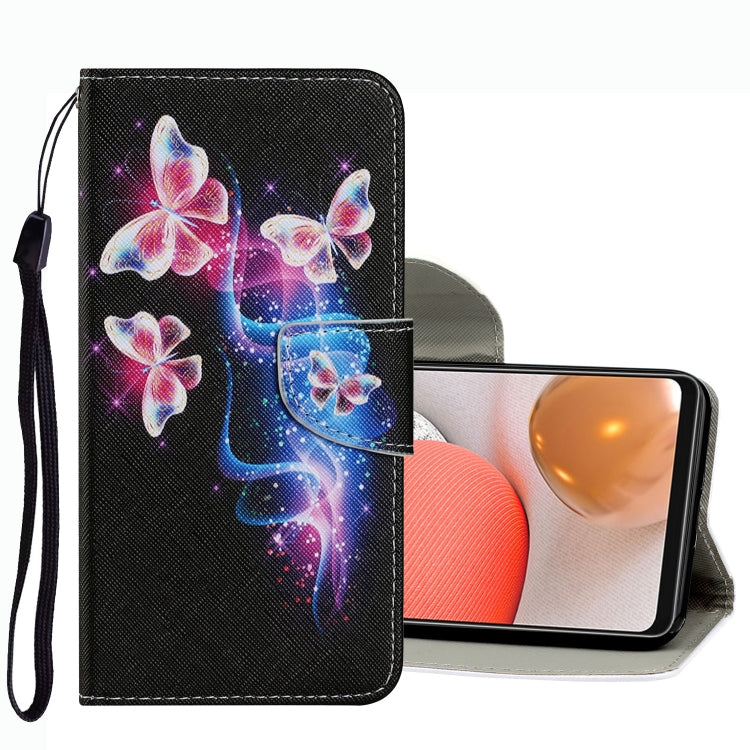 Black leather wallet phone case with white and purple butterflies, flip cover and strap