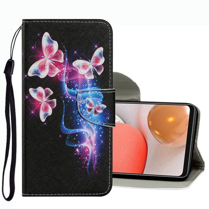 Black leather wallet phone case with white and purple butterflies, flip cover and strap