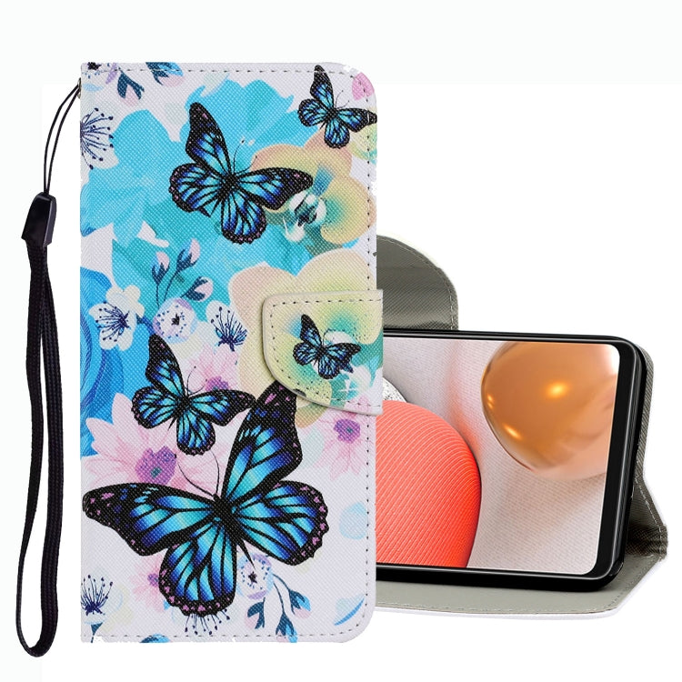Blue floral butterfly leather wallet phone case with flip cover and wrist strap