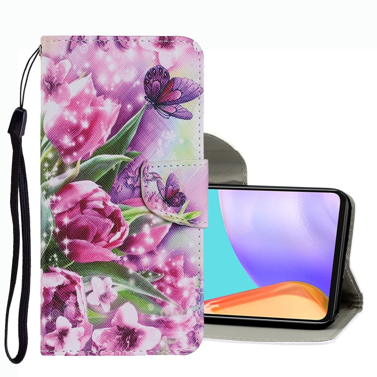 Pink cherry blossom and butterfly leather phone case with wrist strap and fold-over cover