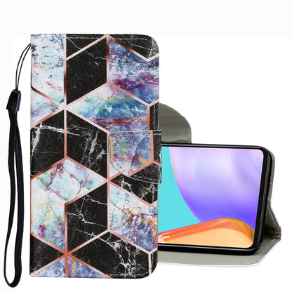 Multicolor geometric marble leather phone case with wrist strap and magnetic flip cover