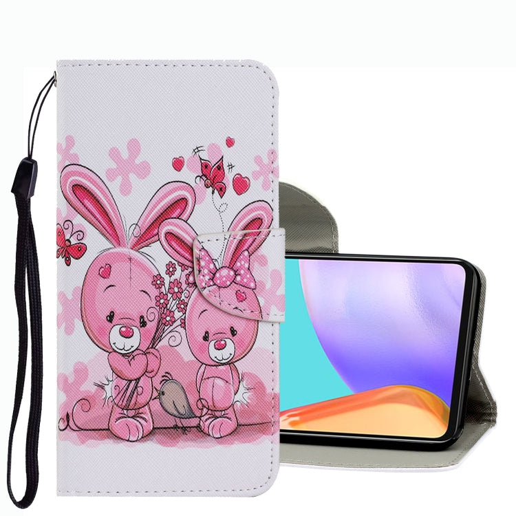 Pink bunny illustration leather phone case with wrist strap and snap flip cover
