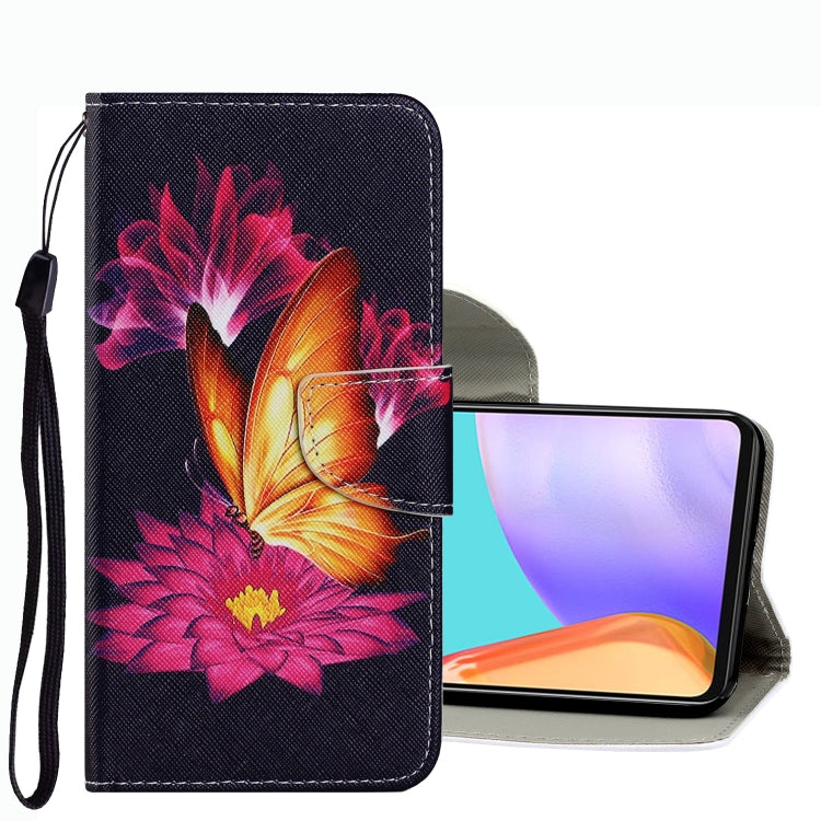 Colorful flower butterfly leather phone case with wrist strap and fold-over protective cover