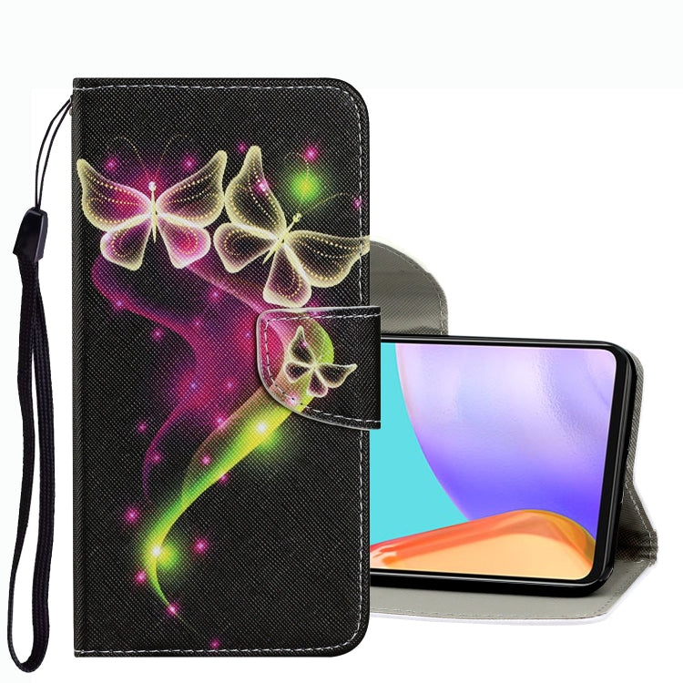 Dark glowing butterfly leather phone case with wrist strap and card-slot flip cover