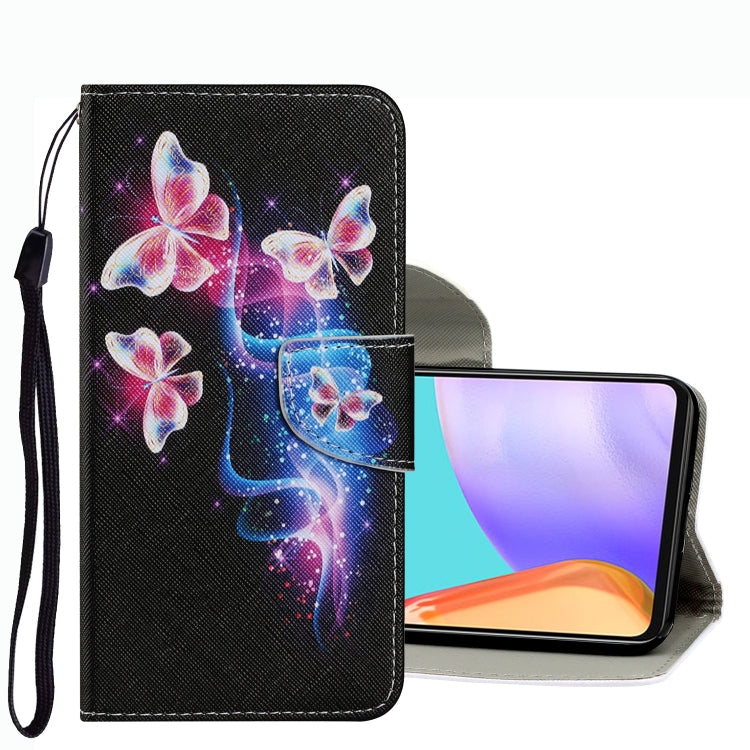 Black leather phone case with pink and blue butterfly pattern, wrist strap, flip cover