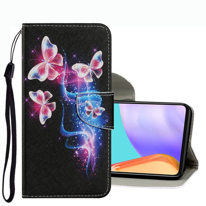 Black leather phone case with pink and blue butterfly pattern, wrist strap, flip cover