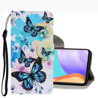 White leather phone case with blue butterfly floral print, wrist strap, flip cover