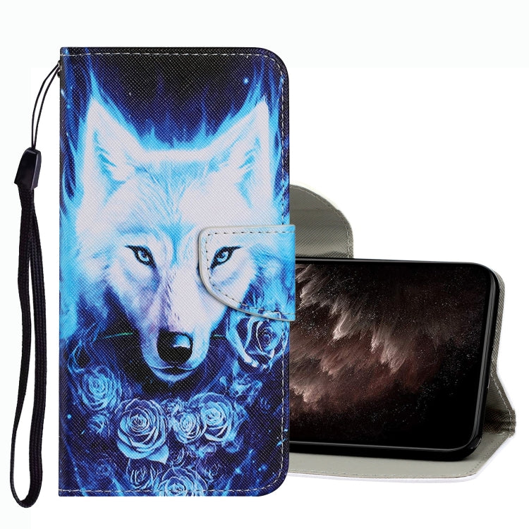 Leather phone case with wrist strap, blue wolf and roses pattern, flip cover.