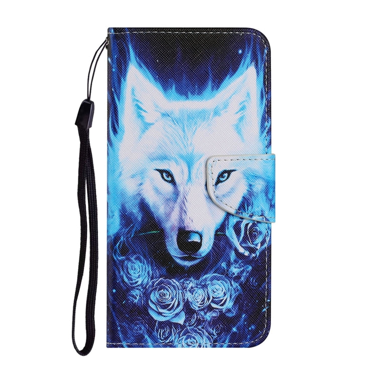 Leather phone case with wrist strap, blue wolf artwork, side flap and snap closure.