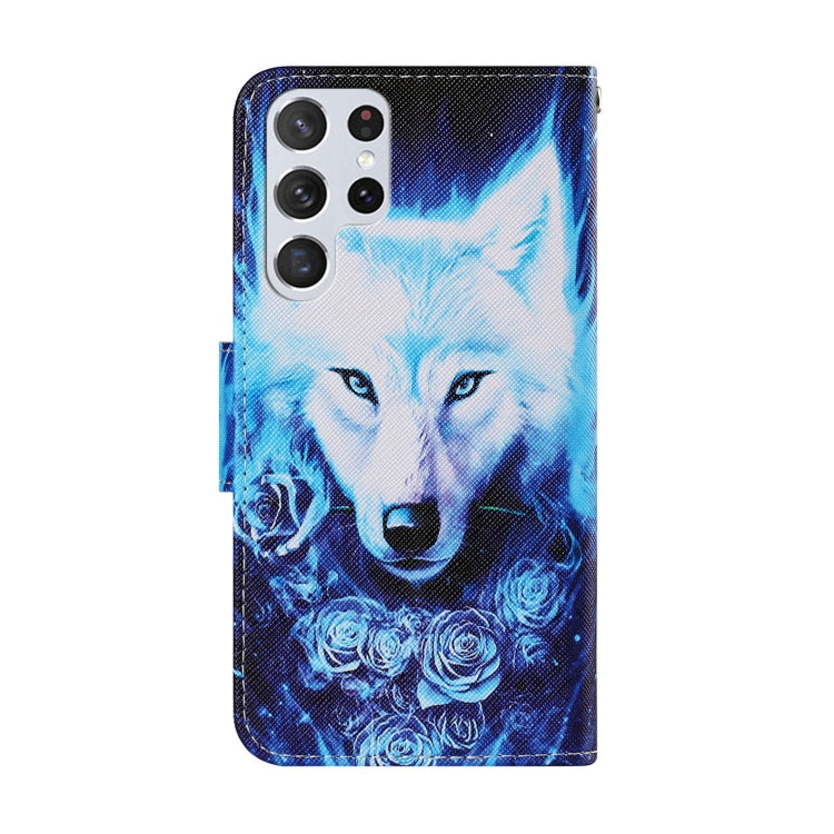 Leather wallet phone case, blue wolf design with roses, with cutouts for cameras.